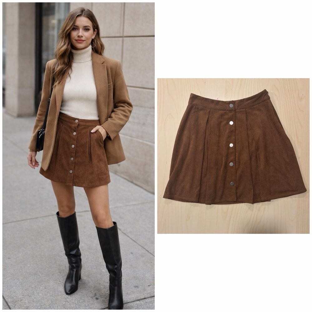 Zara Basic Brown Faux Suede Button-Front Mini Skirt XS